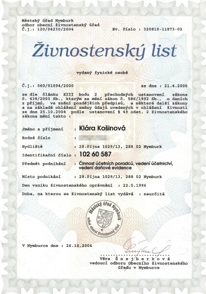 Klara_Kosinova_danovy_poradce_Nymburk_zivnostensky_list